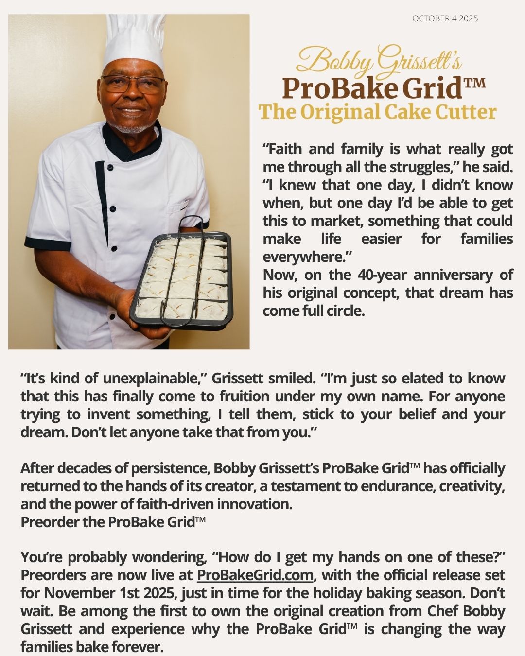 Bobby Grissett's ProBake Grid - 40 year anniversary and official release